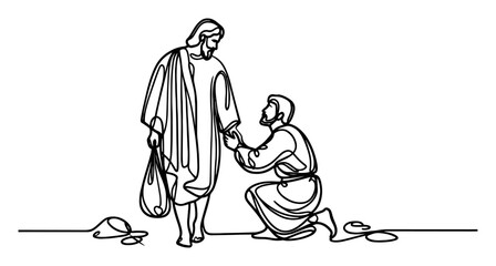 line art illustration of jesus helping a kneeling man, symbolizing mercy and faith