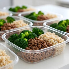 Prepared meal containers with ground beef, broccoli florets, and brown rice