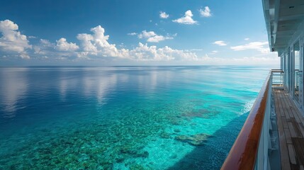 Obraz premium Oceanic view from a cruise ship's deck, showcasing crystal-clear water and the peaceful expanse of the sea