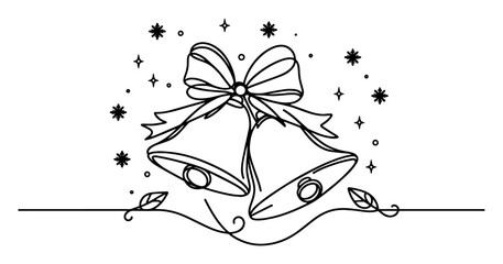 black and white vector with two christmas bells and ribbon, minimal holiday line art