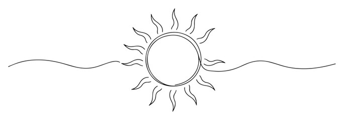 sun drawing in single continuous line style, abstract solar vector design, black and white illustration