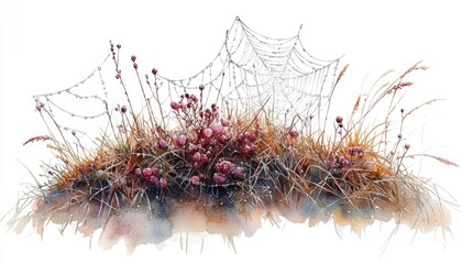 Dew-kissed meadow with spiderwebs