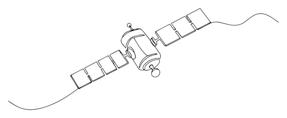 blackandwhite vector of satellite in orbit, line art illustration with solar panels © Luka