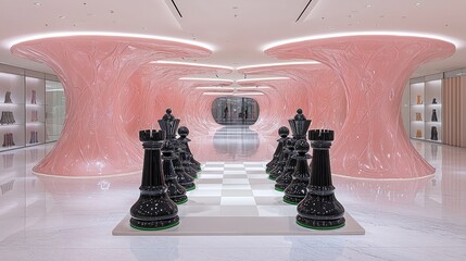 Modern pink interior design with chess set