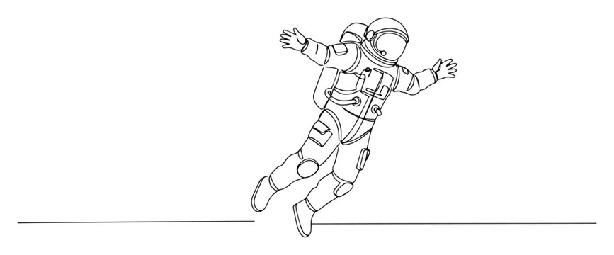 blackandwhite vector of astronaut floating in space, minimal line art in sketch style