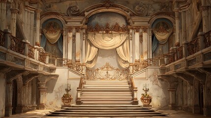 Ornate interior with columns, stairs, and decorative elements in a classical style.