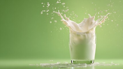 World milk day concenpt. A splash of milk rises from a glass against a soft green background, creating a refreshing and vibrant visual effect. .