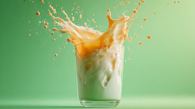 World milk day concenpt. A splash of milk rises from a glass against a soft green background, creating a refreshing and vibrant visual effect. . - Powered by Adobe