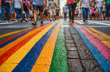 Vibrant Rainbow Crosswalk in Urban Street Scene