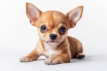 A charming fawn-colored Chihuahua puppy lies against a plain white background with curious, captivating eyes and perked ears.