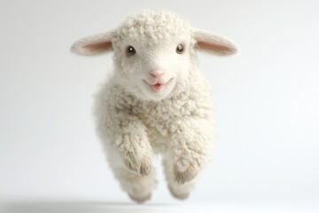 Fototapeta premium A fluffy, white lamb leaps joyfully against a stark white background, its eyes full of life and tiny smile captivating.