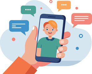 Smartphone Chatting Boy Illustration with Hand Detail Ideal for Social Connection Concept Art