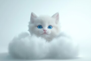 Fototapeta premium A fluffy white kitten with striking blue eyes emerges from a soft, cloud-like cushion in a dreamy setting.