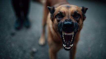 Protective dog with mouth open and dangerous teeth showing, warning a stranger near its owner