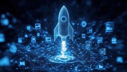 Futuristic rocket launching into digital network