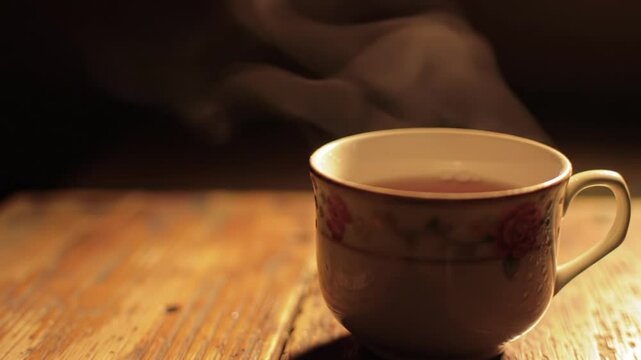 A delicate cup filled with warm tea stands on a rustic wooden surface. Soft steam rises in the evening light, creating a calm and cozy atmosphere perfect for relaxation.