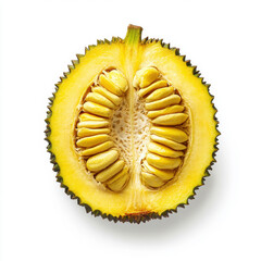 A halved jackfruit showing its yellow, fibrous interior and seeds, isolated on a white background