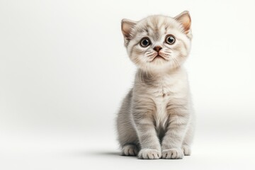 Obraz premium A cute, silver tabby kitten with large, expressive eyes sits against a clean, white background, looking directly at the viewer.