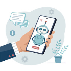 Mobile phone chat with chatbot. Chat mobile, online conversation. Vector flat illustration.