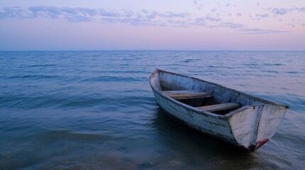 Naklejka premium A weathered wooden rowboat rests gently in the calm, twilight waters of a serene lake, the sky painted with soft purple hues. : Generative AI
