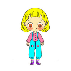 Cute cartoon girl with blonde hair wearing blue overalls stands smiling on white backdrop, radiating childlike innocence and playful charm.
