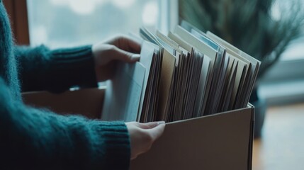 A Person Carefully Organizes Documents in a Cardboard Box