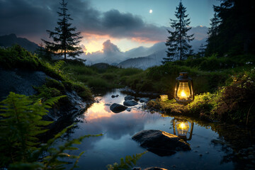 Lantern with a Peaceful Sunset by a Forest Creek