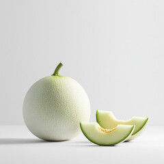 A honeydew melon placed next to a few slices, showcasing the contrast between the whole fruit and its juicy, sweet interior, isolated on a white background