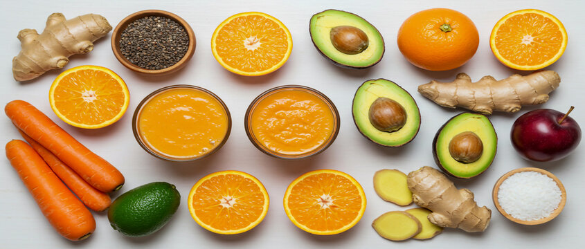 Fresh and healthy ingredients displayed for a nutritious smoothie recipe with oranges carrots and ginger.