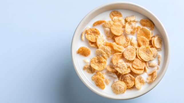Golden corn flakes sit submerged in creamy milk within a white bowl, viewed from directly above against a soft blue background, forming a nutritious breakfast.