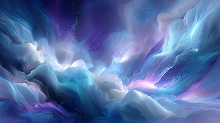 Swirling blue and purple clouds with shimmering white highlights create a dreamy and textured celestial landscape with stardust effect.