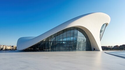 A modern, angular, white building with a glass facade and a large, curved roof, set against a clear blue sky.
