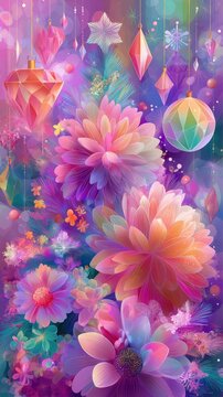Festive scene shows an arrangement of colorful flowers together with hanging ornaments and a sparkly star against a vibrant background.