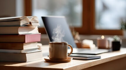 Study table with reference books, laptop, and a steaming mug of coffee, ideal for student lifestyle or remote learning concept