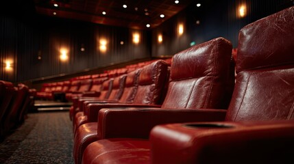 Wide shot of an empty cinema hall filled with modern leather armchairs, dim ceiling lights casting a warm glow