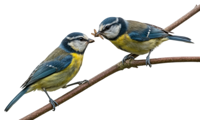 Two Blue Tit Birds on a Branch, one feeding the other, isolated on a transparent background.