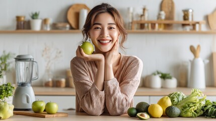 Obraz premium Joyful Woman Posing with Fresh Green Fruits and Vegetables at Home
