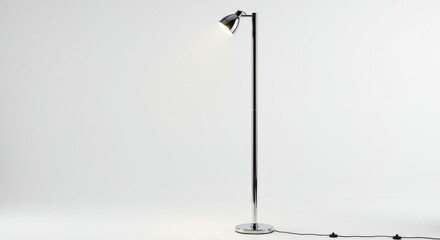 Obraz premium Modern chrome floor lamp illuminating against a white background providing interior design inspiration