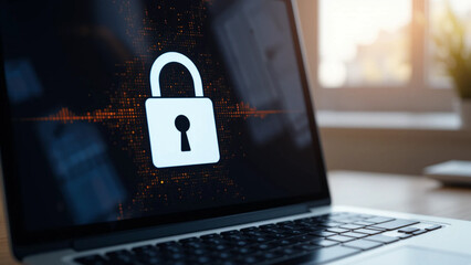 Close-up of a laptop screen displaying a white lock icon on a dark background with abstract data visualization.