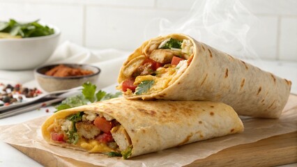 Close up of grilled tortilla burrito packed with rich Mexican filling and melted cheese