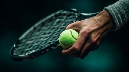 A close-up of a hand gripping a tennis ball and racket