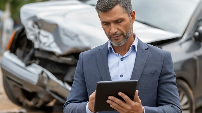 A businessman reviews details on a tablet near a damaged vehicle, reflecting on accident recovery and insurance processes.