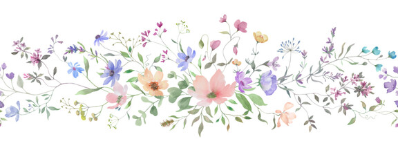 Seamless watercolor border with delicate colorful wildflowers. Hand drawn illustration. Vector EPS.
