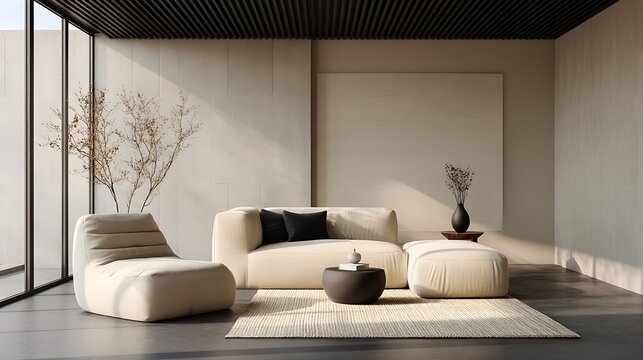 Minimalist, japandi interior design of modern living room. .