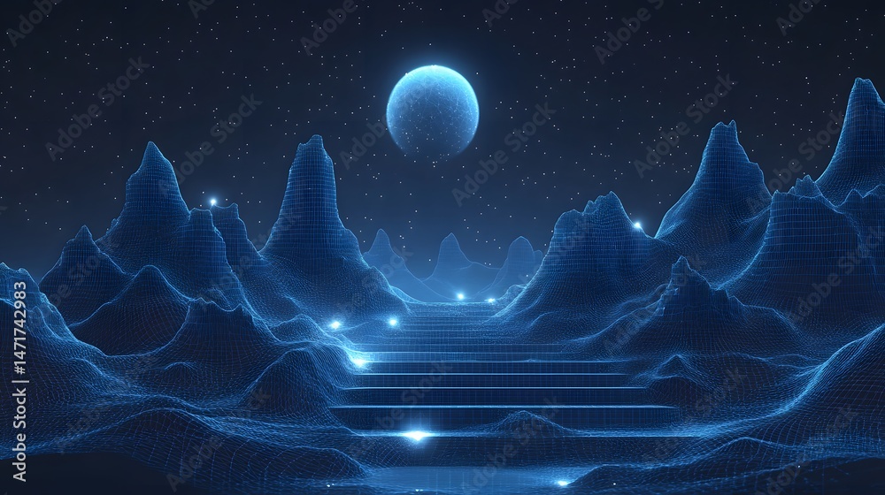 Aufkleber a mesmerizing digital landscape unfolds, bathed in ethereal blue. wireframe mountains rise under a s