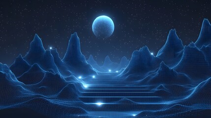 Naklejka premium A mesmerizing digital landscape unfolds, bathed in ethereal blue. Wireframe mountains rise under a starlit sky, illuminated steps leading into the virtual realm. Abstract dark blue wireframe.