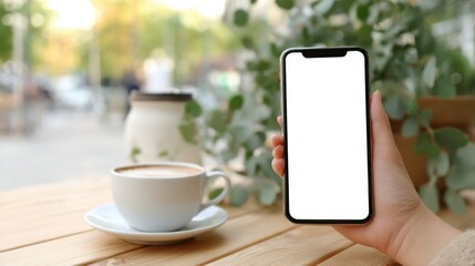 Woman's hand holding smartphone with blank screen at outdoor cafe, latte on wooden table, blurred background. : Generative AI