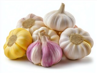 Obraz premium A vibrant assortment of garlic varieties showcasing their unique colors and shapes, perfect for culinary inspiration.