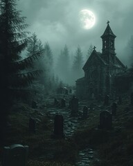 Misty graveyard at night, old church