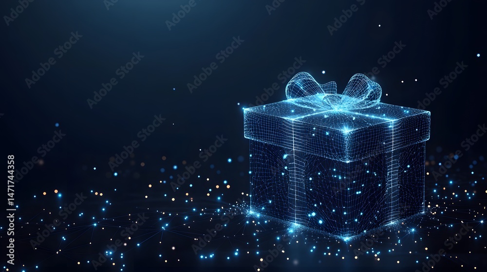 Poster a captivating blue wireframe gift box with a matching bow, radiating digital charm. glowing orbs cre